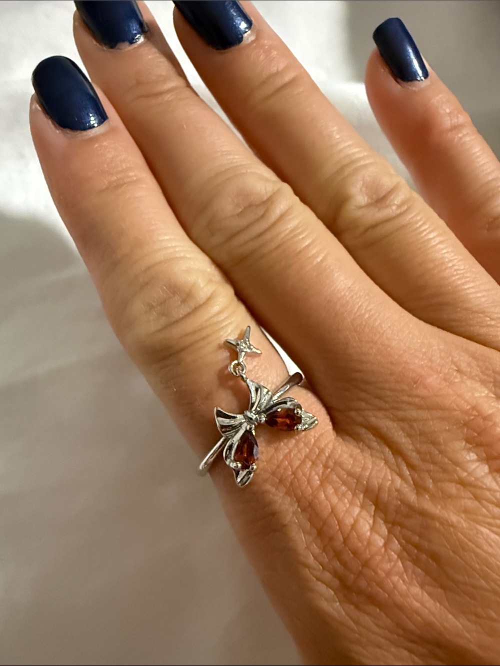 Silver Butterfly Garnet Drop Ring Red Gemstone adjustable ring